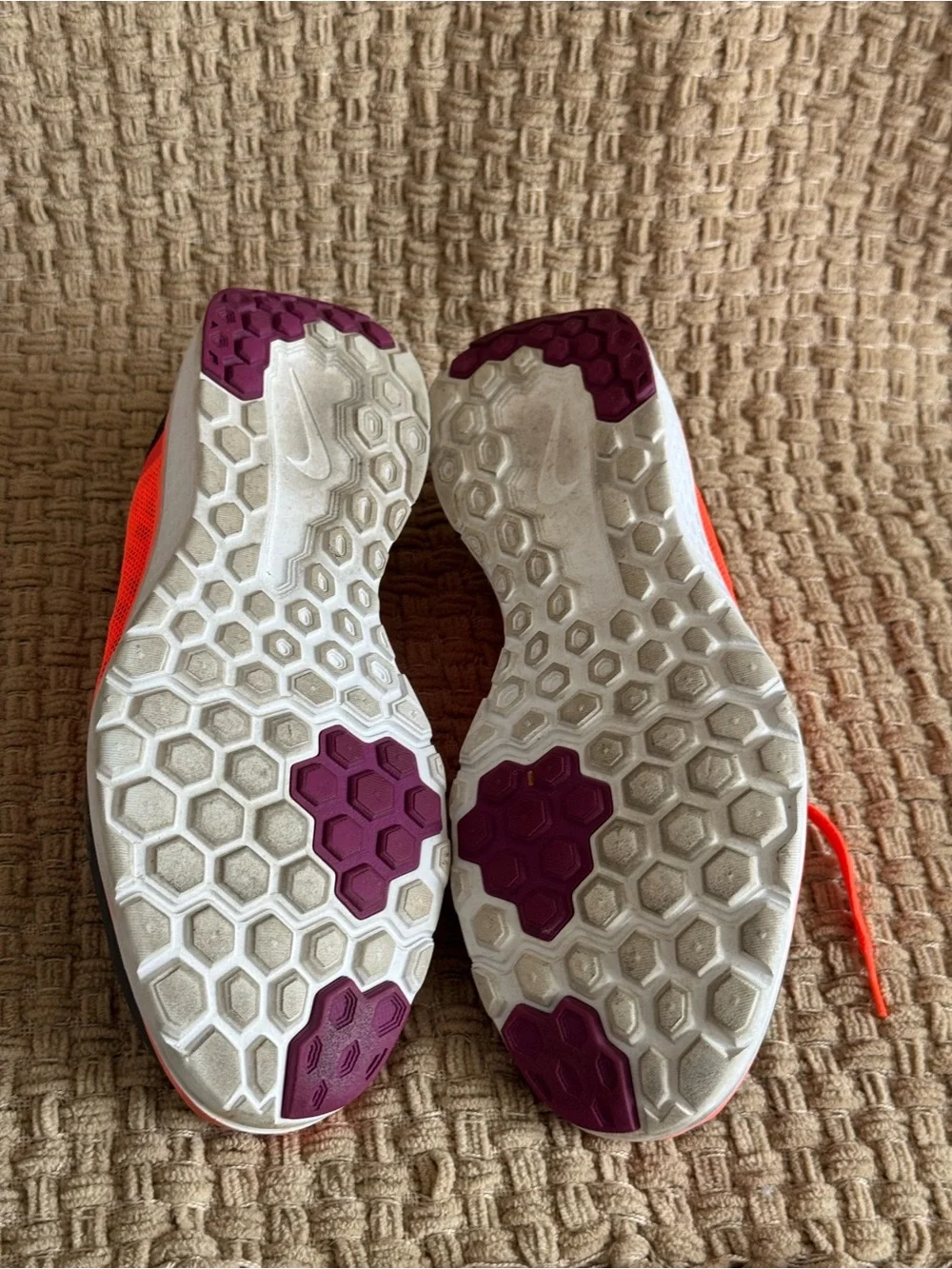 Nike Women's Neon Orange Running Sneakers with Purple Swoosh